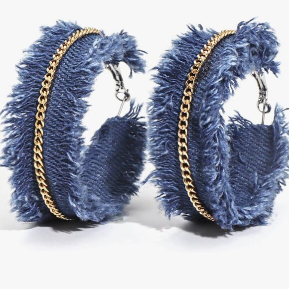 Denim Circle Hoop Earrings with Gold Chain – Handmade Boho Statement Jewelry - Picture 1 of 5